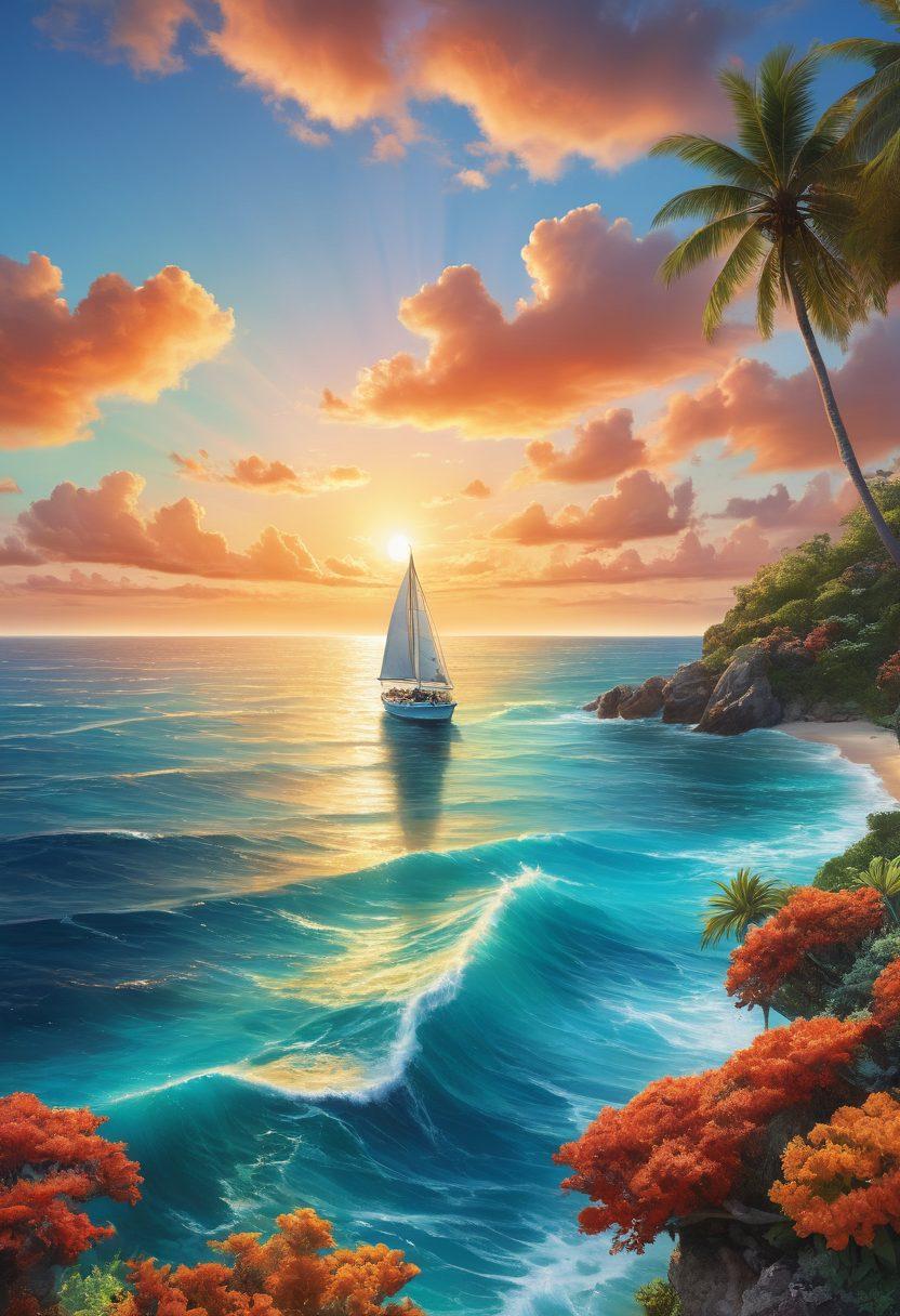 A serene seascape with a sailboat navigating through turquoise waters, surrounded by vibrant coral reefs and marine life. Include a guidebook on marine insurance prominently displayed on the boat, with waves gently lapping against it. In the distance, a sunset casts warm hues across the horizon. Bring an element of excitement and safety into the scene. super-realistic. vibrant colors. 