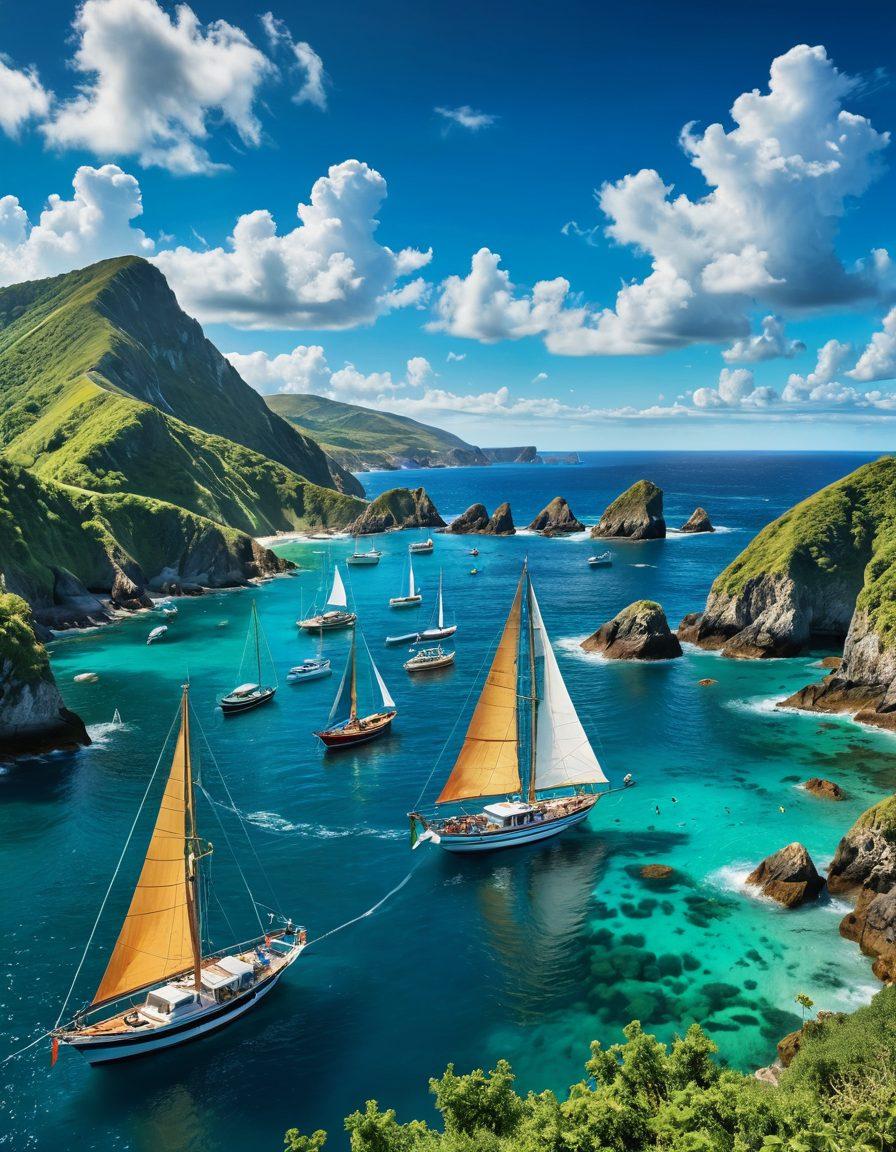 A dynamic scene depicting a diverse landscape of boats, including a classic sailboat gracefully gliding through azure waters, next to modern fishing vessels, adorned with fishing gear and nets. The sky is a brilliant blue with fluffy clouds, and the background features lush green hills. Overlay the image with subtle textual elements indicating 'coverage' and 'protection' in a nautical style. super-realistic. vibrant colors. 3D.
