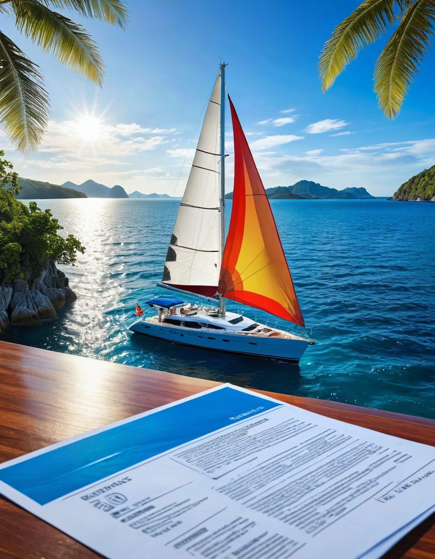 A serene scene of a luxurious yacht sailing on calm blue waters, surrounded by vibrant tropical islands. The yacht is adorned with colorful sails, and a clear sky enhances the tranquil mood. Include a magnifying glass hovering over insurance documents on the deck, symbolizing guidance in yacht insurance. Make the colors bright and inviting, capturing the essence of a perfect day at sea. super-realistic. vibrant colors. 3D.